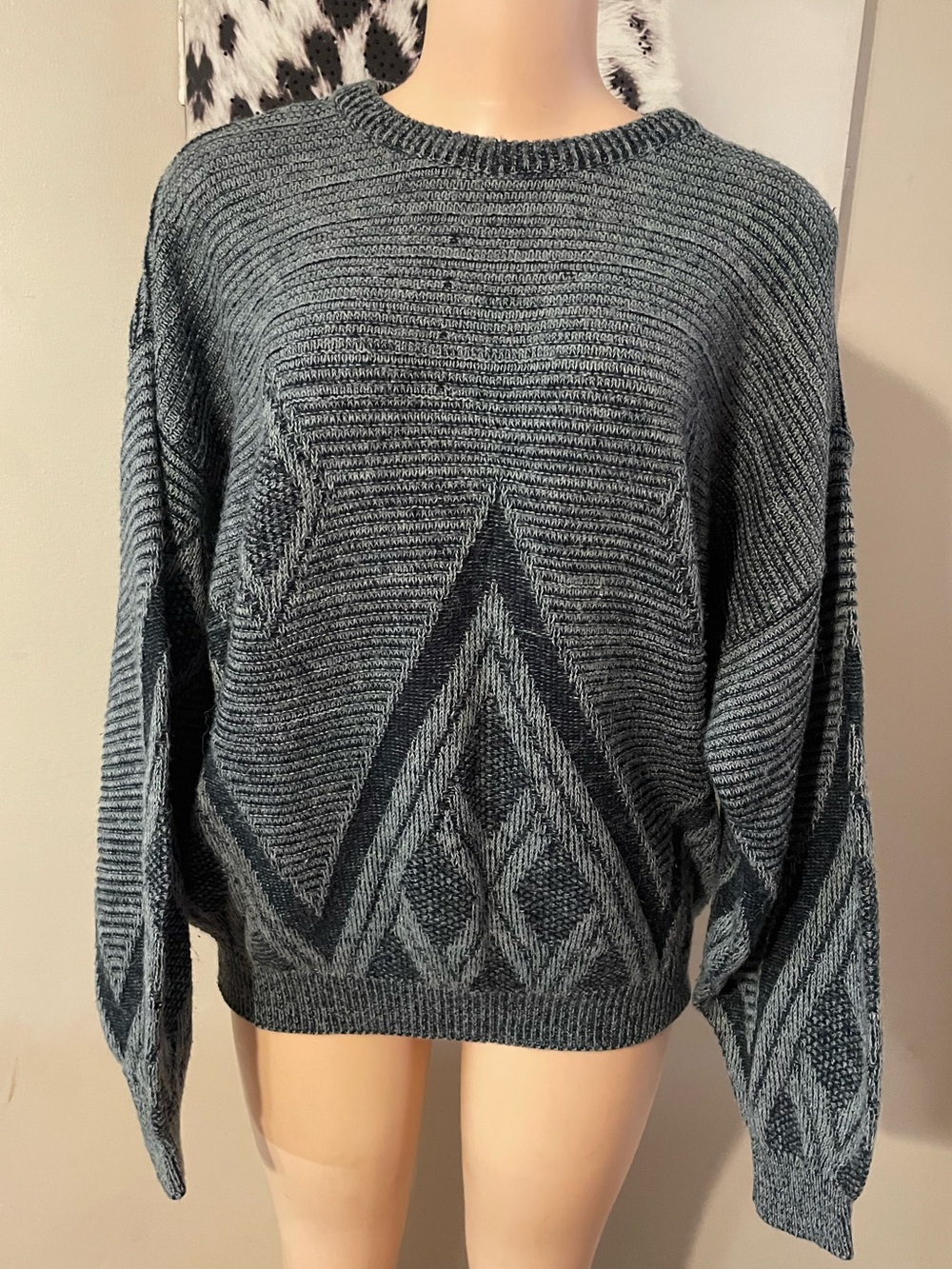 Vintage white Oak 90s 80s southwestern Geometric Crewneck Sweater Aztec top L